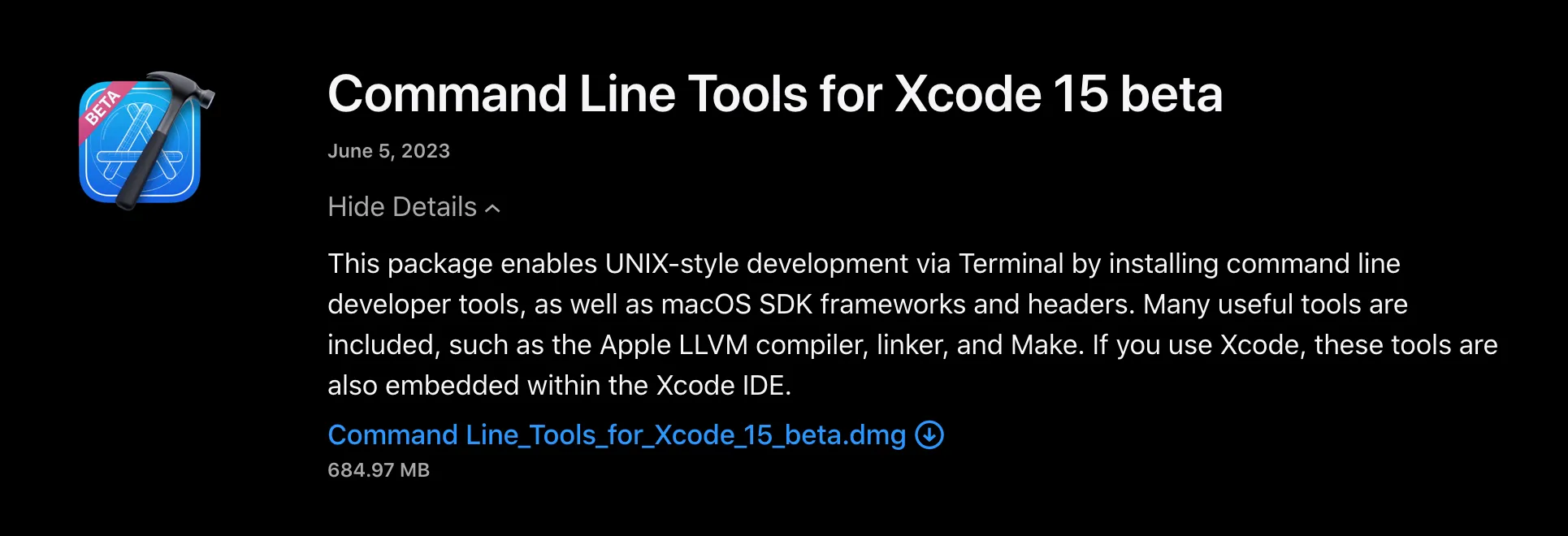 Command Line Tools for Xcode 15 beta 다운로드