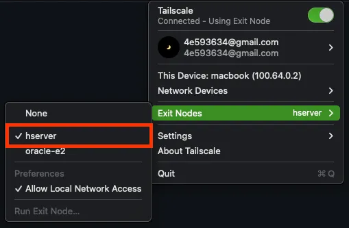 Exit Node 사용 설정